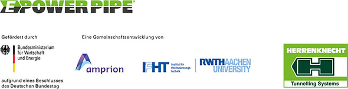 条形徽标上写着：由联邦经济事务和能源部支持，由 amprion、IFHT、RWTH 和 Herrenknecht 联合开发。